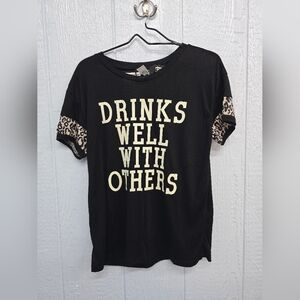 NWT Daisy Rae Small Black Graphic Tee with Leopard Print Sleeves